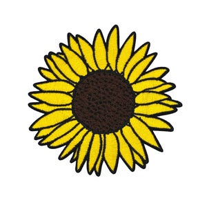 Puede incluir: Parche de girasol bordado con pétalos de color amarillo brillante y un centro marrón oscuro. El parche tiene un contorno negro, creando una forma definida. Este parche floral es adecuado para ropa, bolsos u otros artículos de tela.