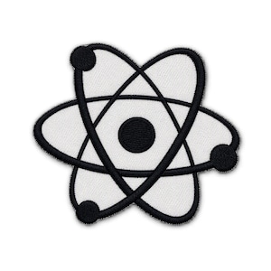 May include: An embroidered patch featuring a black and white atomic symbol. The design consists of a central black circle surrounded by three intersecting white elliptical orbits outlined in black, with small black circles at the ends.