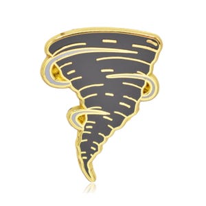 May include: A gold-colored pin in the shape of a tornado. The tornado is dark gray with white and gold accents. The pin is a stylized representation of a twister.