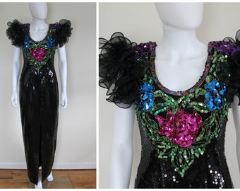 Vintage 1980's Black Pink Green Red Sequin Flower Rose Glam Puffy Ruffle Sleeves Evening Prom Maxi Gown Dress By Alyce Designs Size 4/6