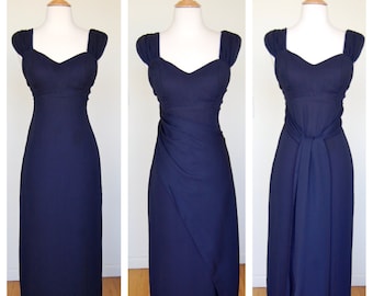 Vintage Dark Midnight Navy Blue Prom Dress Gown Formal Union Made With Double Extra Long Sash At Back Sweetheart Neck 1950's