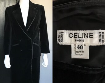 Vintage Celine Black Velvet Two Piece Blazer Jacket Skirt Suit Monogram Buttons