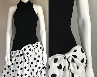 Vintage ILGWU Union Made Black & White Polka Dot Bow High neck Turtle Neck 80’s Prom Party Costume Sleeveless Dress Medium