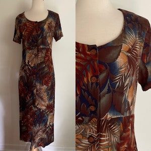 Vintage 1990’s Brown tan Blue Earth Tone  Leaf Print Short Sleeve Button Up Empire Waist Maxi Dress Medium