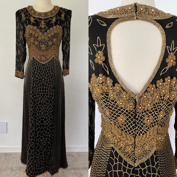 Vintage Gold & Black Heavily Beaded Long Sleeve High Neck Royalty Regal Medieval Style Maxi Dress Evening Wedding Formal Gown S