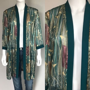Vintage 1990’s Dark Green Abstract Art Print Lightweight Sheer Kimono Style Cardigan Jacket Cover Up Large