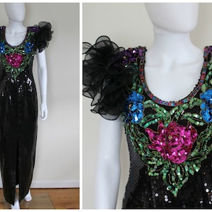 Vintage 1980's Black Pink Green Red Sequin Flower Rose Glam Puffy Ruffle Sleeves Evening Prom Maxi Gown Dress By Alyce Designs Size 4/6