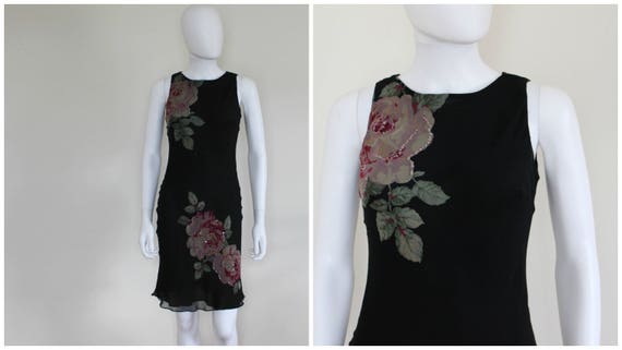 Vintage 1990's Black Pink Green Rose Floral Print… - image 1