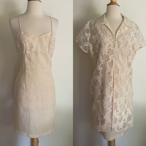 Vintage 1980s Two Piece Ivory Bone Cream Lace She… - image 1