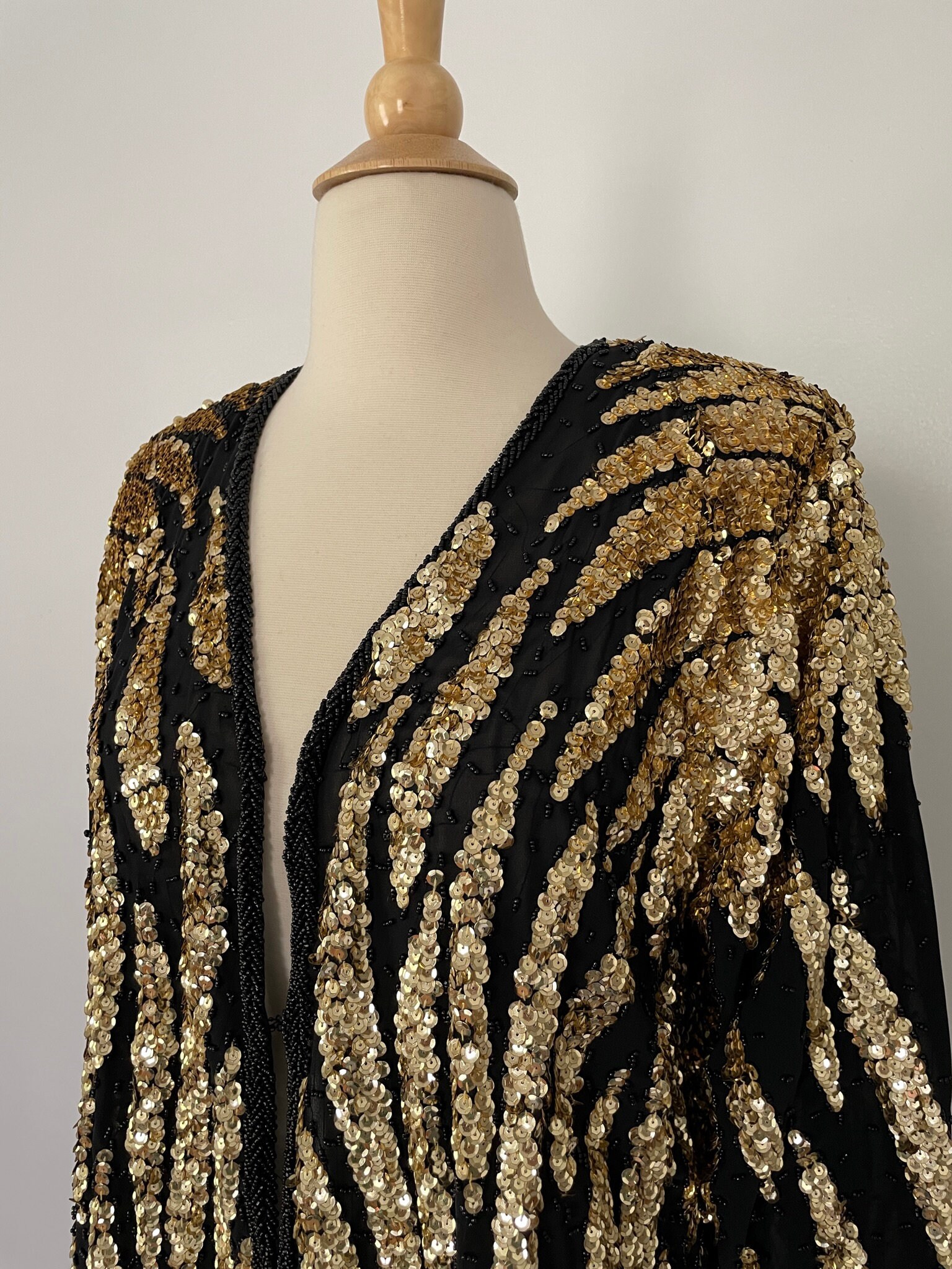 Vintage 80s Sequin Jacket Black Silver 12 14