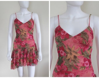 Vintage 90's Pink Floral Flower Ruffle Sexy Sweet Spaghetti Strap Fruncido Lado Mini Vestido Por Ciudad Triángulos Tamaño Pequeño