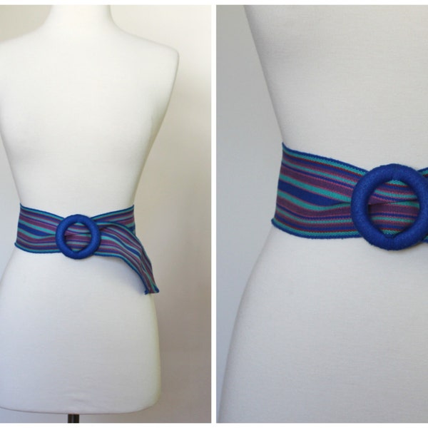 Vintage Blue Aqua Purple Wide Cloth Striped Bohemian Boho Hippie Flower Child Belt With Round Circle Yarn Buckle 34 Inches