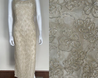 Vintage Dead Stock NWT Beaded Wedding Bride Gown Cream Bone Sparkle Spaghetti Strap Zip Up Glam Evening Gown By Stenay New With Tags Small