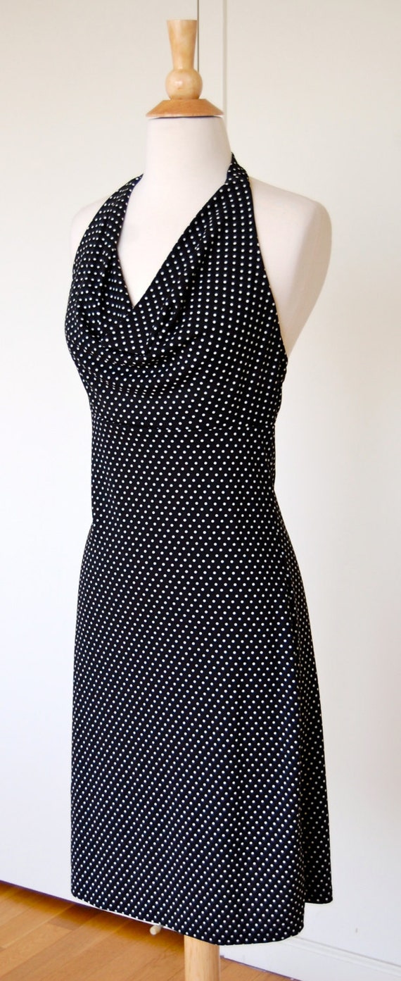 Vintage Polka Dot Black And White Halter Draped N… - image 4