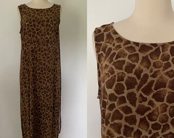 Vintage 1990-tals giraffmönstrad ärmlös lätt safari maxiklänning large