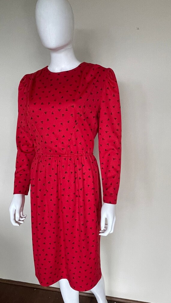 Vintage 1980s Red Print Long Sleeve Career Dress M - image 6