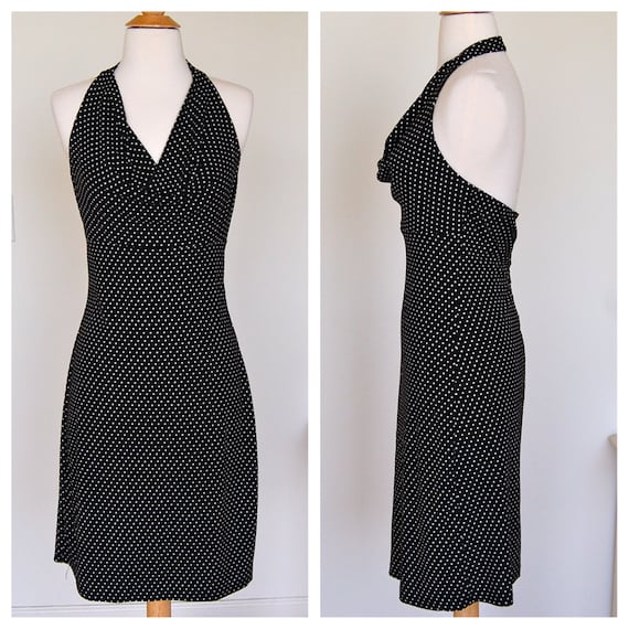 Vintage Polka Dot Black And White Halter Draped N… - image 1