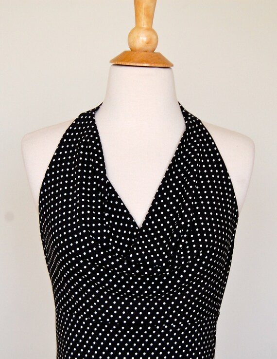 Vintage Polka Dot Black And White Halter Draped N… - image 3