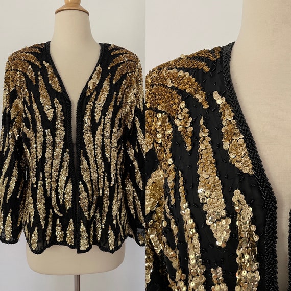 Vintage 1980’s Gold & Black Sequin Jacket Blazer … - image 1