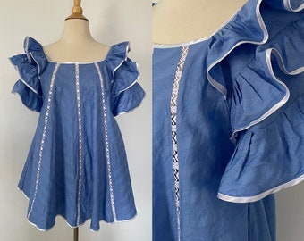 Vintage Cornflower Blue Hee Haw Country Western  Ruffle Sleeve Boho Hippie Adult Mini Dress Unlined No Tags - See measurements for size