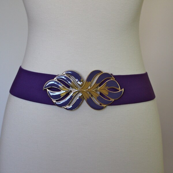 Vintage 1980's Purple Yellow Gold Stretch Belt With Double Leaf Buckle Unmarked Size Small / Medium Made In Korea