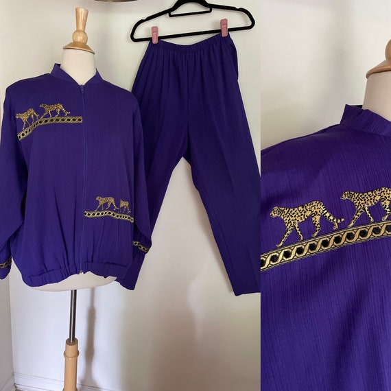 Vintage 1980’s 1990’s Royal Purple Gold Cheetah E… - image 1