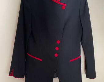 Vintage Christian Dior Worsted Wool Black & Red Trim, Military Blazer size M/L 1980's