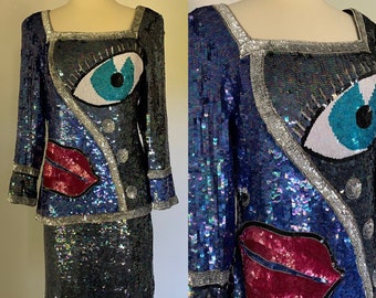 RARE Vintage Two Piece Sequin Beaded Wearable Art Abstract Eye Lips Beauty Mark Tears Face Long Sleeve Top Skirt Blue Red White Medium
