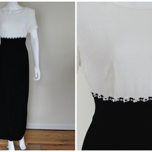 Vintage 1990&#39;s Black White Daisy Flower Short Sleeve Color Block Maxi Dress Unmarked Size Medium / Large