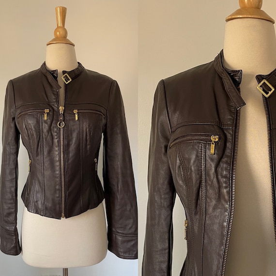 Vintage Y2K bebe Long Sleeve Brown Leather Zip Up… - image 1