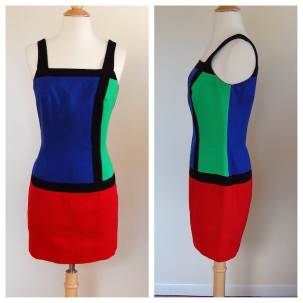 Vintage 1980's Lillie Rubin Linda Segal Blue Green Red Black Color Block Mini Party Cocktail Fresh Prince Of Bel Air Dress Size Medium Large