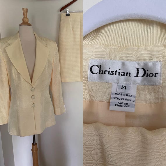 Vintage Christian Dior 1990s Pale Yellow Skirt Suit Size 14 Two