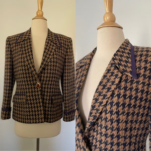 Vintage Christian Dior 1950a Black Tan Herringbone Wool Navy Trimmed Long Sleeve Blazer Jacket XS/S