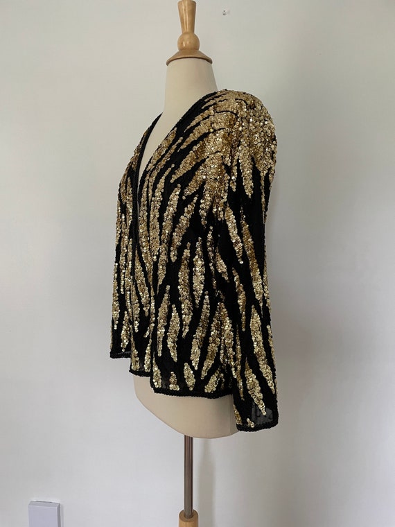 Vintage 1980’s Gold & Black Sequin Jacket Blazer … - image 4