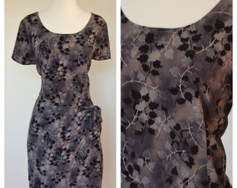 Vintage 1980's Grey Black Leaf Print Sash Side Tie Short Sleeve Zip Up Mini Dress By Meghan Matthews Medium