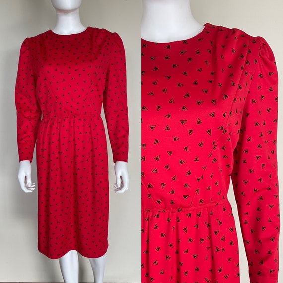 Vintage 1980s Red Print Long Sleeve Career Dress M - image 1