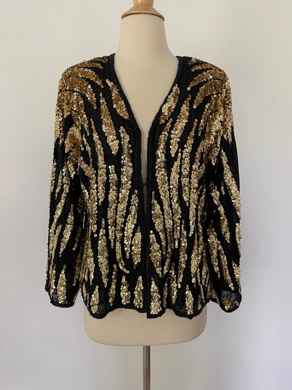 Vintage 1980’s Gold & Black Sequin Jacket Blazer … - image 2