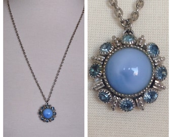 Vintage 1980's Baby Blue Sun Burst Style Stone Rhinestone Pendant Necklace Signed Avon
