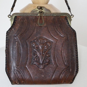 Antique 1915 Edwardian Art Deco Nocona Bags Arts & Crafts Era Tooled Vintage Brown Leather Bag Monedero con espejo y billetera