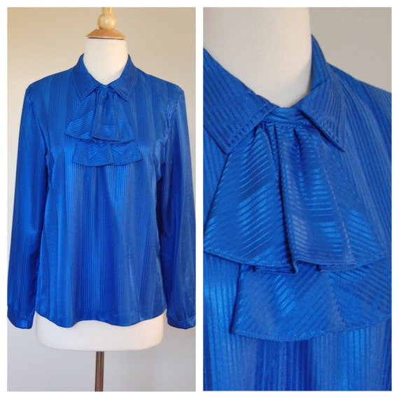 Vintage 1970's Saphire Blue Long Sleeve Top Blous… - image 1