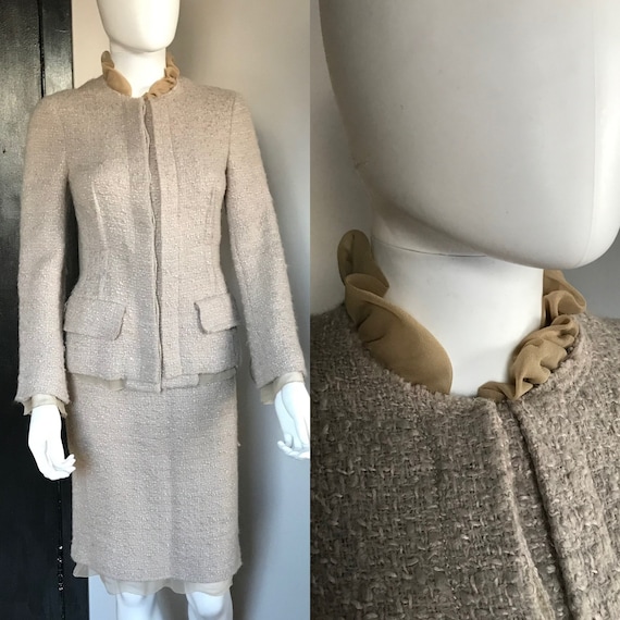 Prada, Vintage Prada Wool Skirt Suit Taupe Grey Beige Blazer Jacket Set Made in Italy Size 2