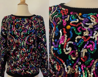 Vintage 1990’s Sequin Gems Long Sleeve Multi Color Lambs WoolSilk Angora Sweater S/M