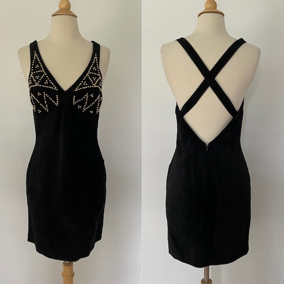 Vintage Black Leather Suede Gold Studded Rocker Designer Runway Goth  Western Crisscross Adjustable Straps Mini Dress S/M - Etsy