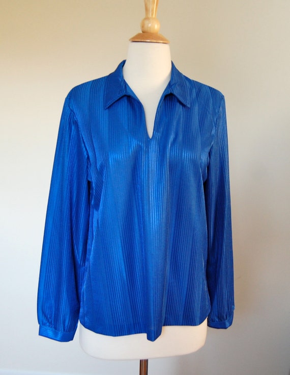 Vintage 1970's Saphire Blue Long Sleeve Top Blous… - image 3