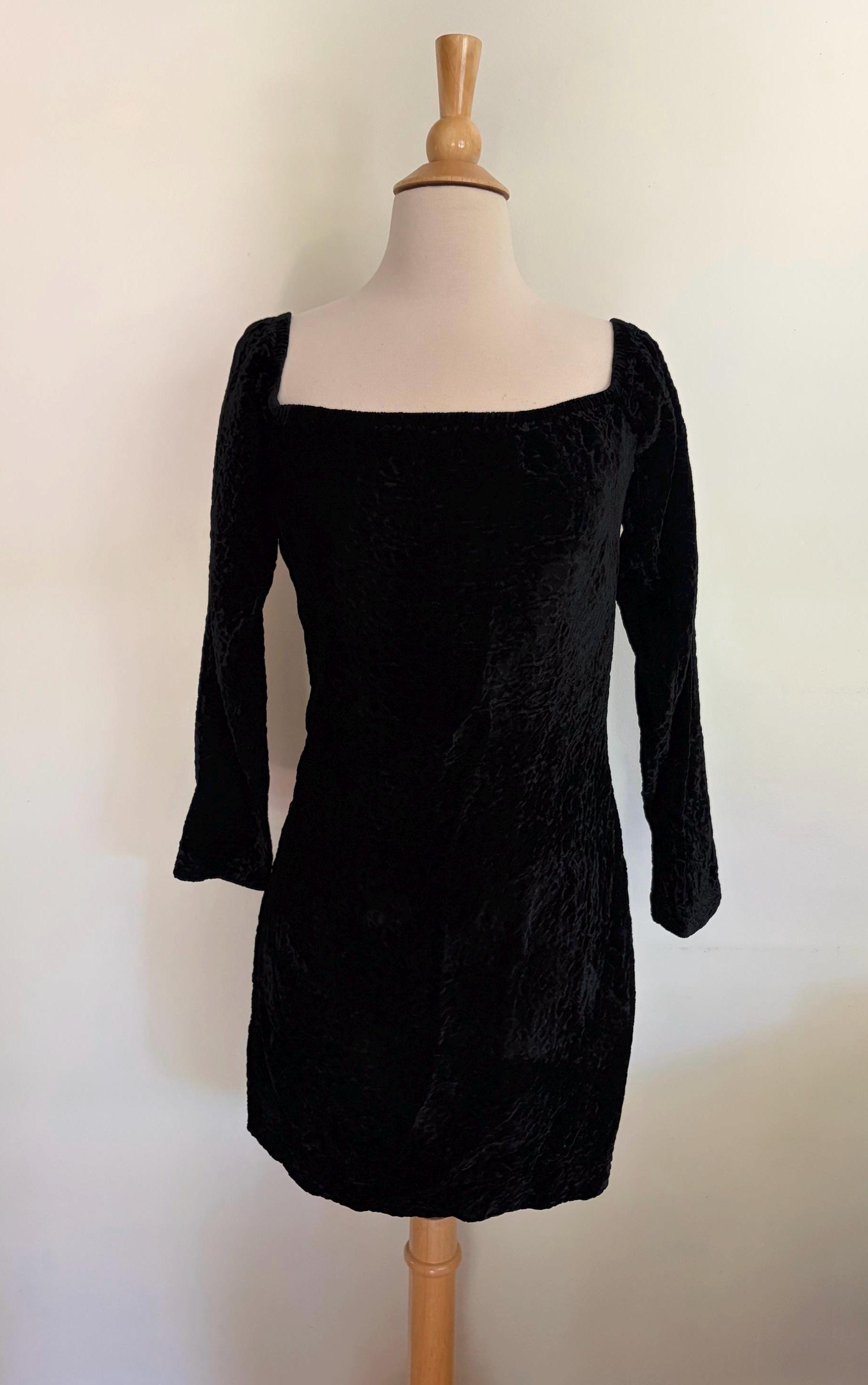 Tom Ford, Vintage 1980s Cathy Hardwick Tom Ford Designed Black Velvet Mini Dress Embroidered Bodycon Long Sleeve Designer Dress Small RARE