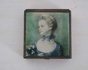 Vintage Victorian Revival Metal And Red Velvet Trinket Jewelry Box With Lady Woman Bust Blue Dress And Neck Bow Unmarked