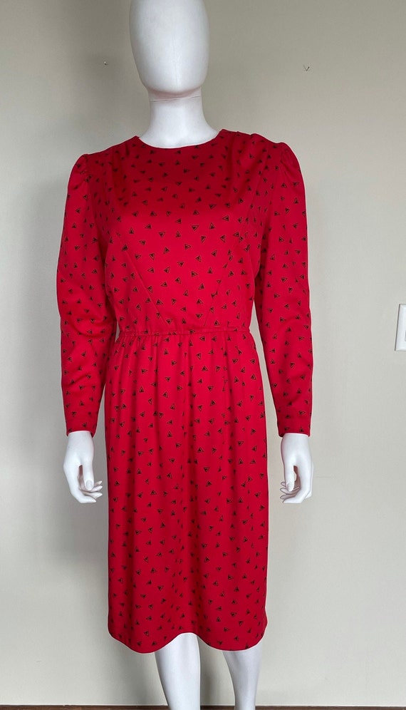 Vintage 1980s Red Print Long Sleeve Career Dress M - image 2