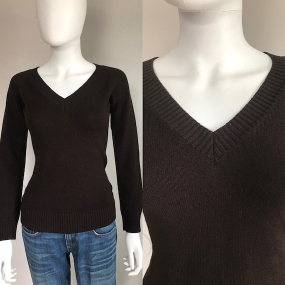 Dolce & Gabbana, Vintage Dolce & Gabbana 1990’s Dark Chocolate Brown V Neck Long Sleeve Pullover Sweater Top Small