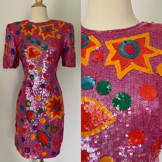 Vintage 1980s Barbie Pink Sequin Multicolored Spa… - image 1