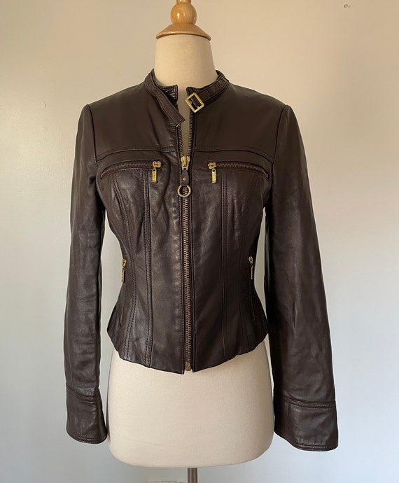 Vintage Y2K bebe Long Sleeve Brown Leather Zip Up… - image 2